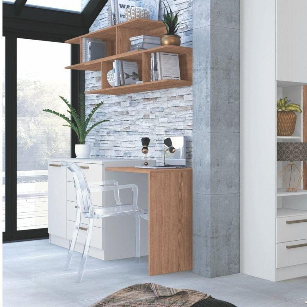 Conjunto para Escritório com Mesa Complementar, 2 Nichos MDF, Módulo e Cômoda 4 Gavetas Macadâmia/Branco Line