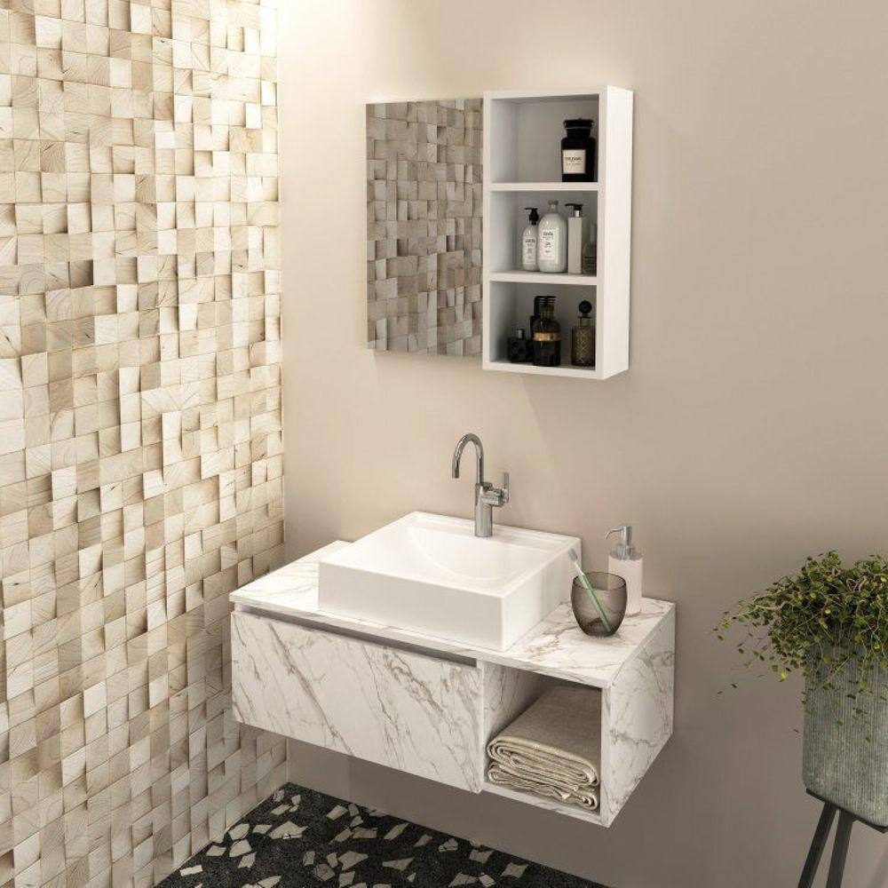 Conjunto Suspenso para Banheiro com Espelheira 80cm Branco