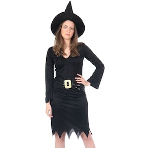 Fantasia Bruxa Feminina Adulto Vestido Preto Cinto e Chapéu