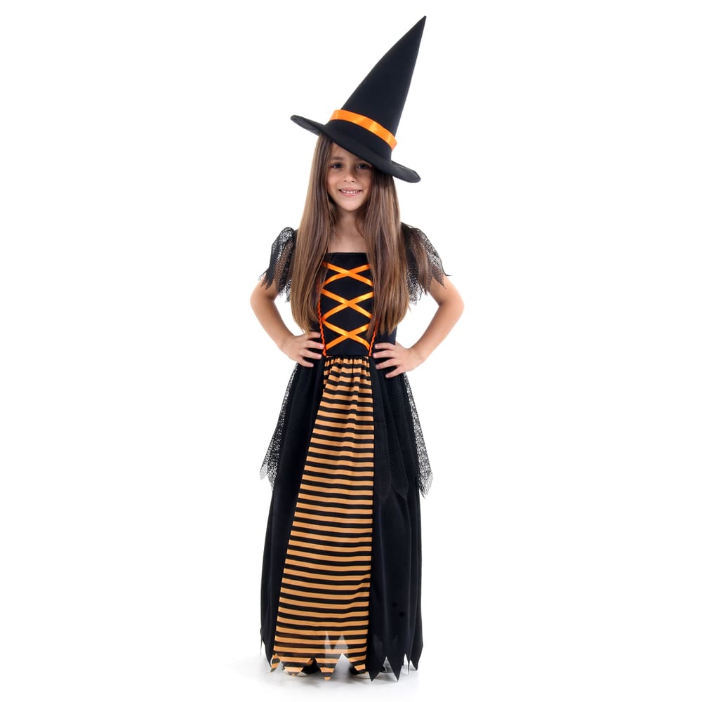 Fantasia Bruxa Infantil Laranja Vestido Longo Luxo C/ Chapéu
