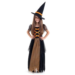 Fantasia Bruxa Infantil Laranja Vestido Longo Luxo C/ Chapéu