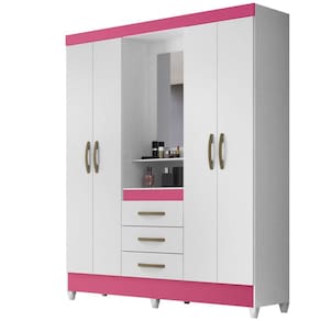 Guarda Roupa 4 Portas Com Espelho 8314 Branco Rosa Moval