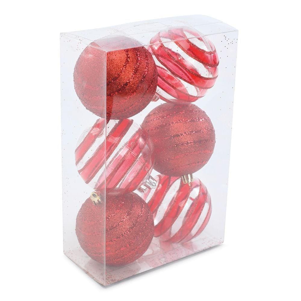 Bola De Natal Glitter Com Listras Vermelha 8Cm Jg 6 1001971