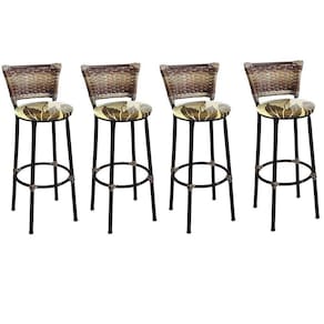 Kit 4 Banquetas Altas Preta com Encosto Junco Capuccino Assento Floral Marrom