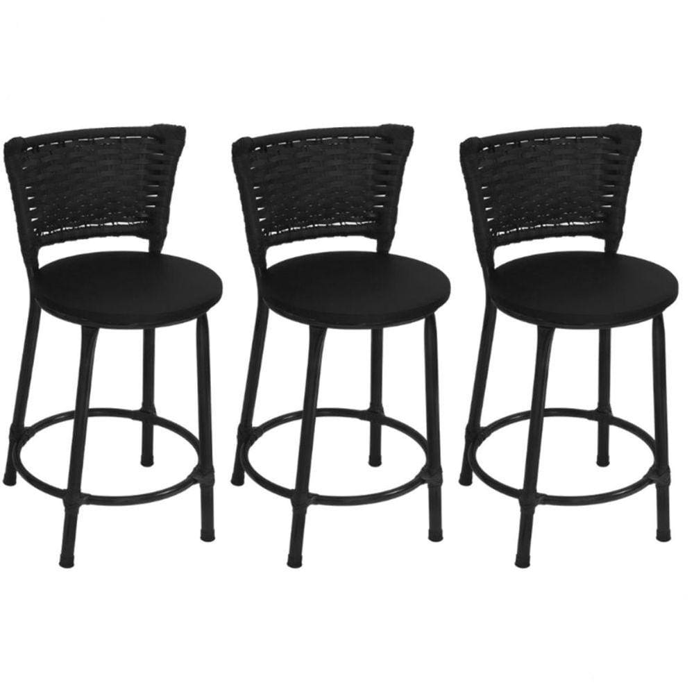 Kit 3 Banquetas Baixas Preta com Encosto Junco Preto Assento Preto