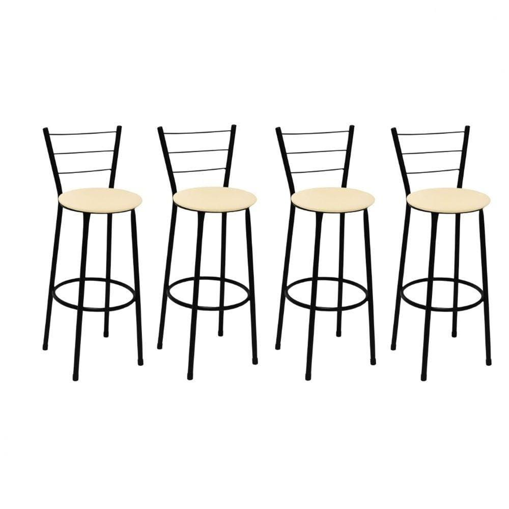 Kit 4 Banquetas Altas Preta com Encosto Assento Bege