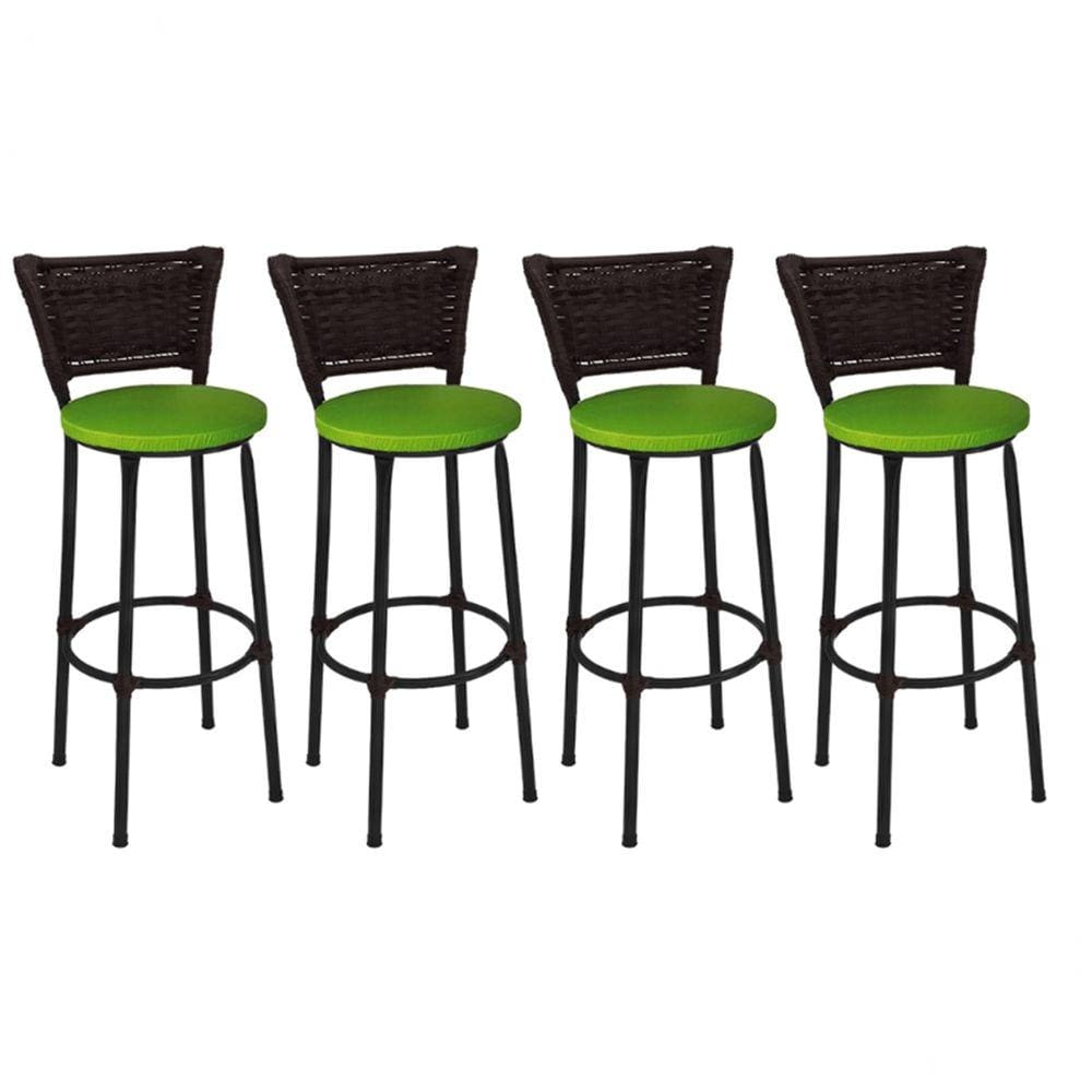 Kit 4 Banquetas Altas Preta com Encosto Junco Argila Assento Verde