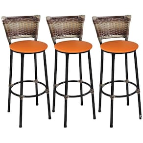 Kit 3 Banquetas Altas Preta com Encosto Junco Capuccino Assento Laranja