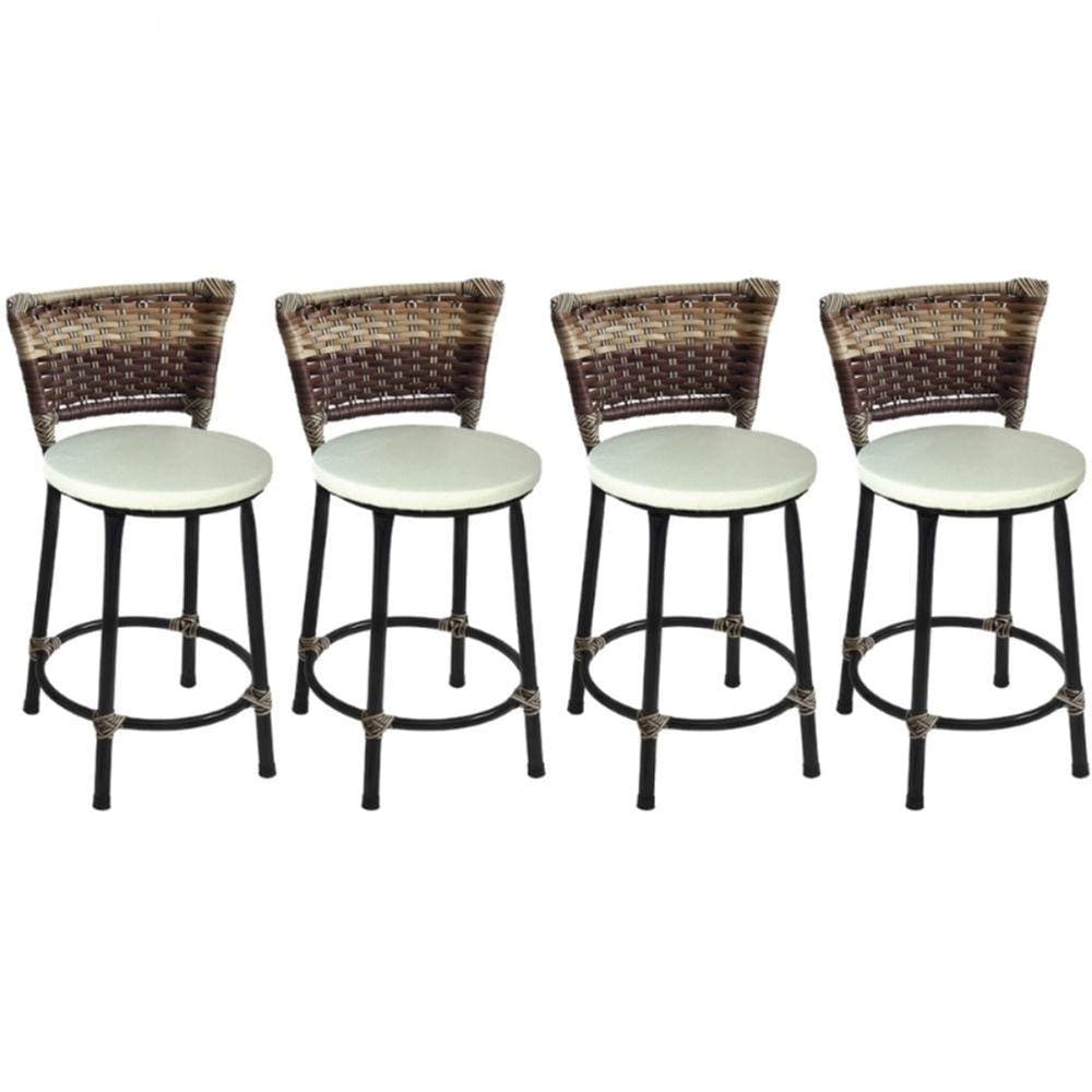 Kit 4 Banquetas Baixas Preta com Encosto Junco Capuccino Assento Branco