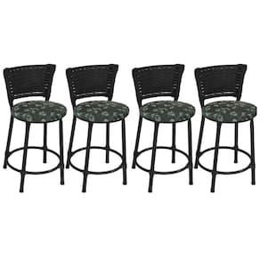 Kit 4 Banquetas Baixas Preta com Encosto Junco Preto Assento Estampado