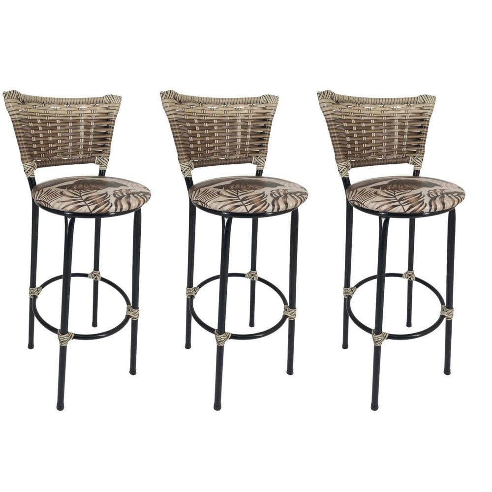 Kit 3 Banquetas Altas Preta com Encosto Junco Capuccino Assento Floral Marrom