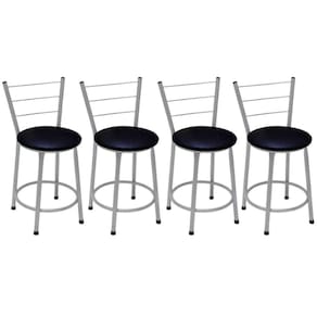 Kit 4 Banquetas Baixas Prata com Encosto Assento Preto