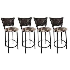Kit 4 Banquetas Altas Preta com Encosto Junco Argila Assento Floral Marrom