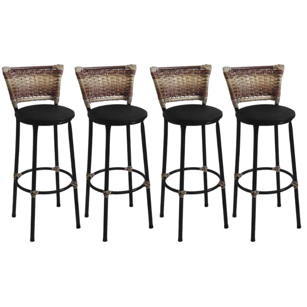 Kit 4 Banquetas Altas Preta com Encosto Junco Capuccino Assento Preto