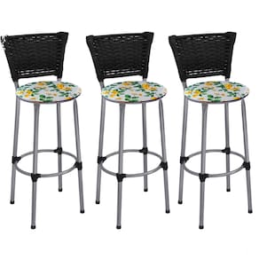 Kit 3 Banquetas Altas Prata com Encosto Junco Preto Assento Floral Branco