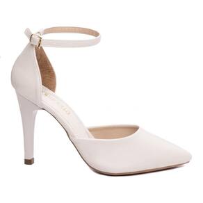 Sapato Scarpin Salto Alto Bico Fino Saia e Blusa Off White Branco Torricella