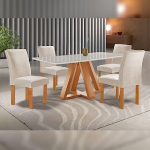 Conjunto Mesa Tampo Smart Plus Vidro Kyra 120cmx90cm 4 Cadeiras Canela Cinamomo/Off White/Suede Bege