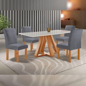 Conjunto Mesa Tampo Smart Plus Vidro Kyra 120cmx90cm 4 Cadeiras Canela Cinamomo/Off White/Suede Cinza