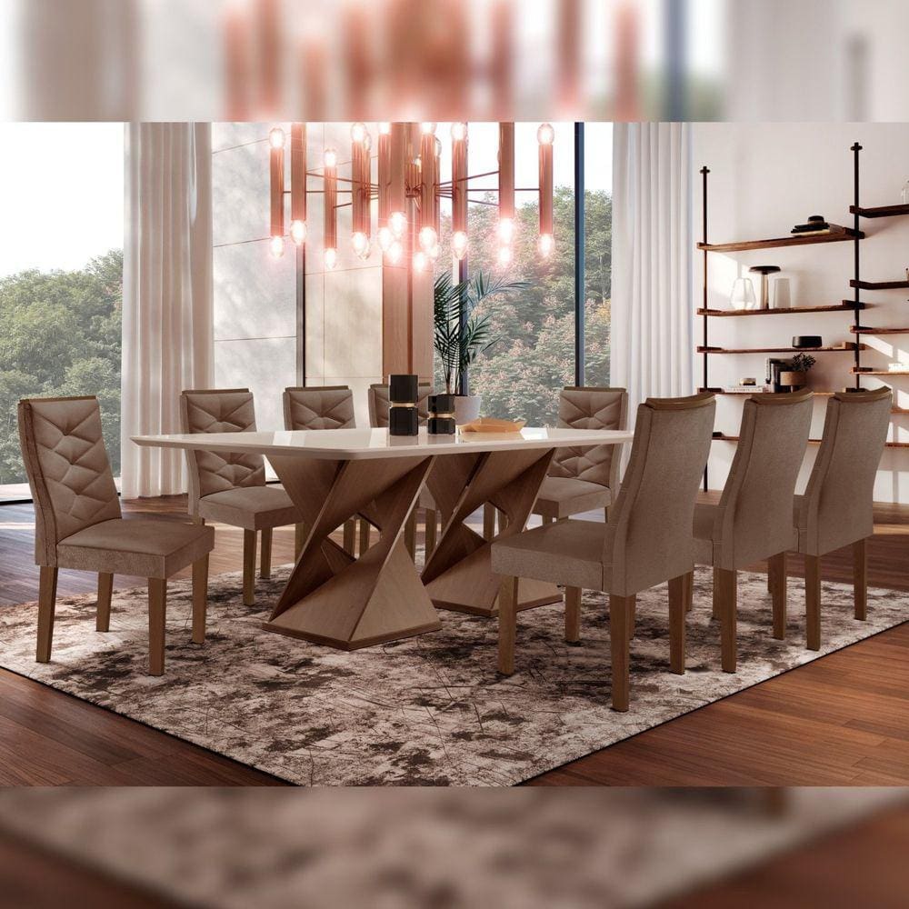 Mesa Tampo Smart Plus Vidro 200cmx90cm 8 Cadeiras Barcelona Chocolate/Off White/Suede Animale