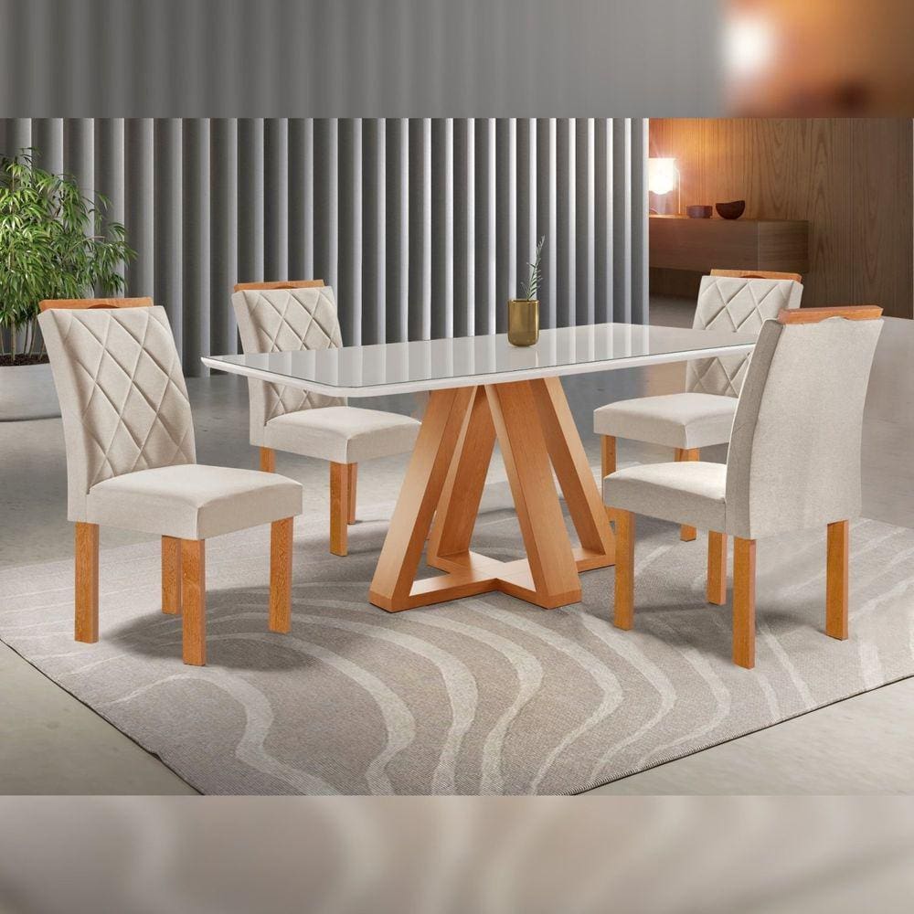 Conjunto Mesa Tampo Smart Plus Kyra 120cmx90cm 4 Cadeiras Arthus Cinamomo/Off White/Suede Bege