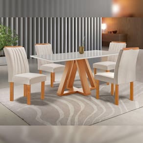 Conjunto Mesa Tampo Smart Plus Vidro Kyra 120cmx90cm 4 Cadeiras Arizona Cinamomo/Off White/Suede Bege