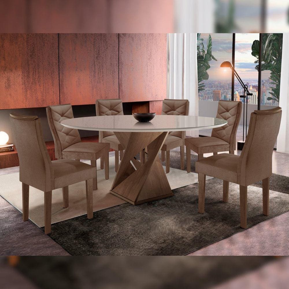 Mesa Tampo Redondo Plus Vidro 120cmx120cm 6 Cadeiras Barcelona Chocolate/Off White/Suede Animale