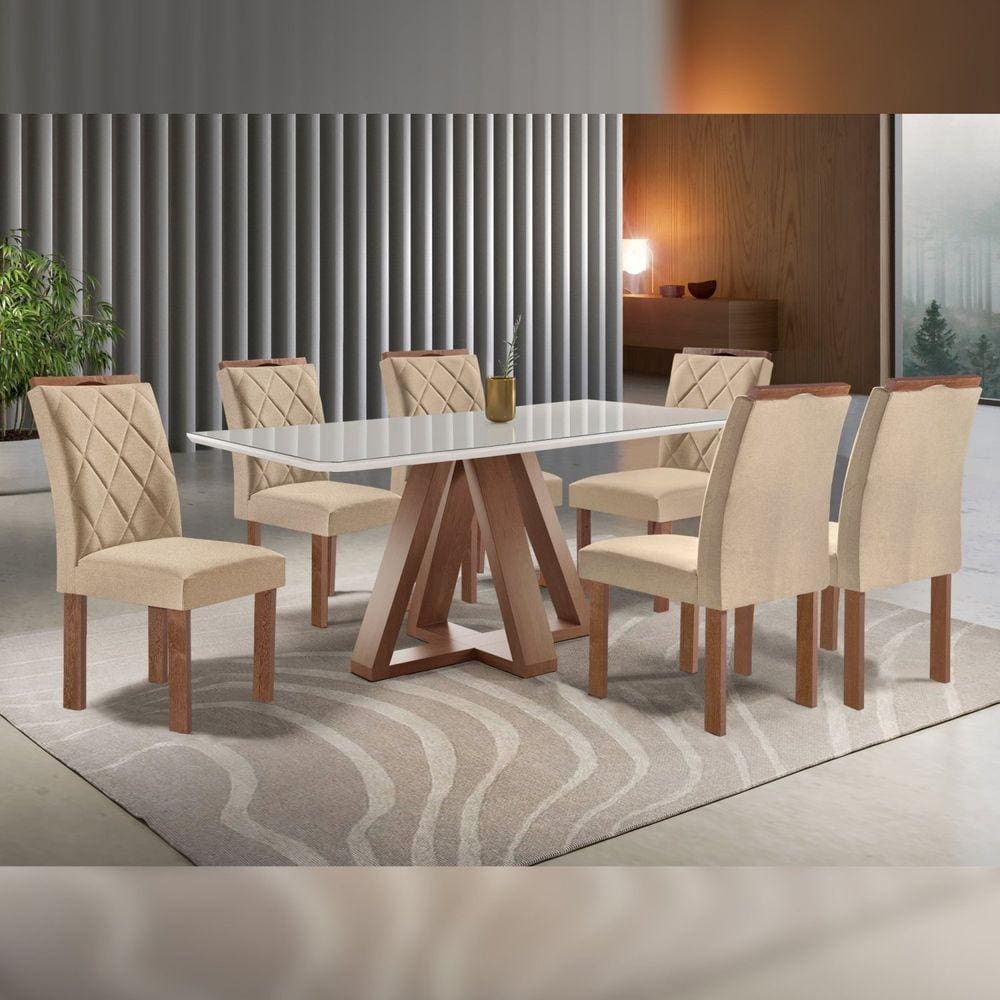 Conjunto Mesa Tampo Smart Plus Vidro Kyra 170cmx90cm 6 Cadeiras Arthus Chocolate/Off White/Suede Cru