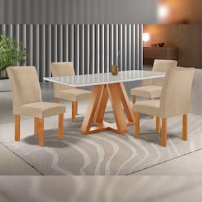 Conjunto Mesa Tampo Smart Plus Vidro Kyra 120cmx90cm 4 Cadeiras Canela Cinamomo/Off White/Suede Cru