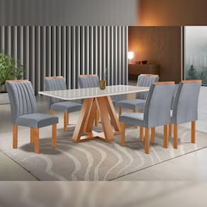 Conjunto Mesa Tampo Smart Plus Vidro Kyra 170cmx90cm 6 cadeiras Arizona Cinamomo/Off White/Suede Cinza