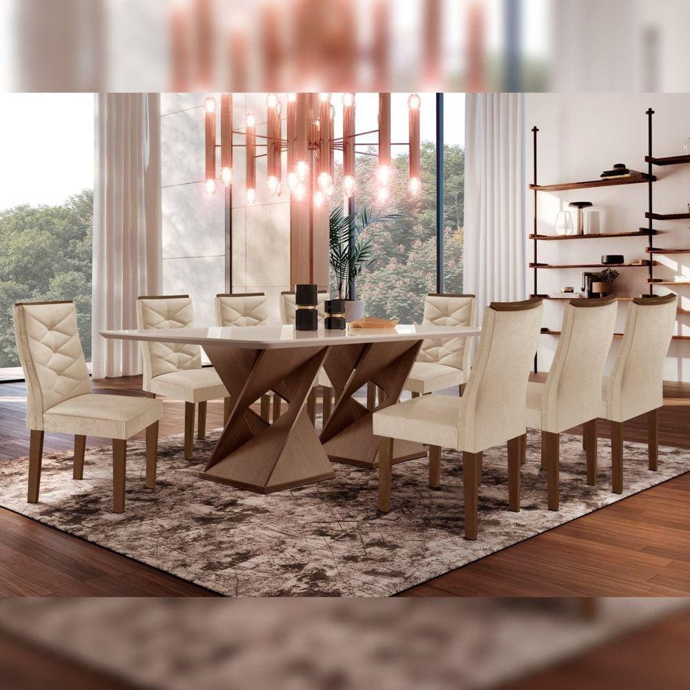 Mesa Tampo Smart Plus Vidro 200cmx90cm 8 Cadeiras Barcelona Chocolate/Off White/Suede Pena