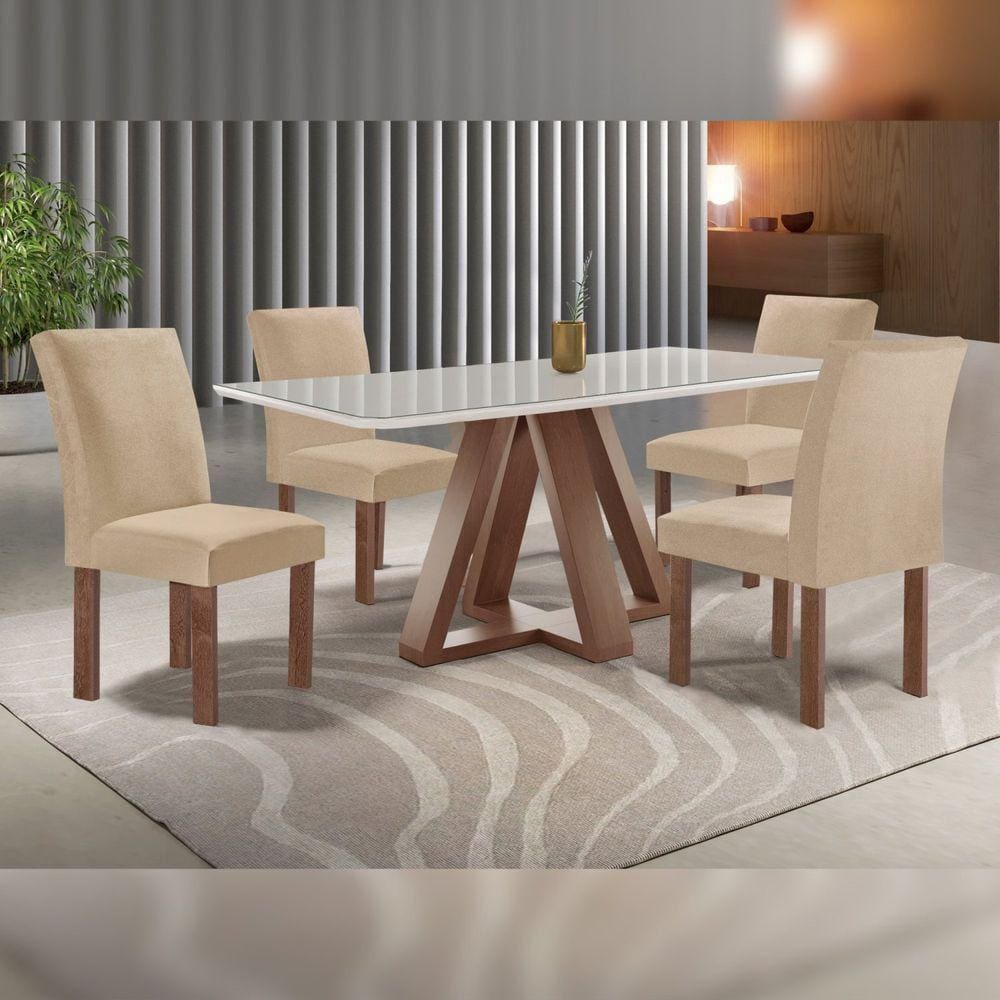 Conjunto Mesa Tampo Smart Plus Vidro Kyra 120cmx90cm 4 Cadeiras Canela Chocolate/Off White/Suede Cru