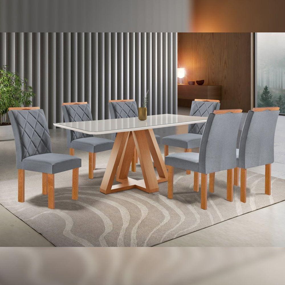 Conjunto Mesa Tampo Smart Plus Vidro Kyra 170cmx90cm 6 Cadeiras Arthus Cinamomo/Off White/Suede Cinza