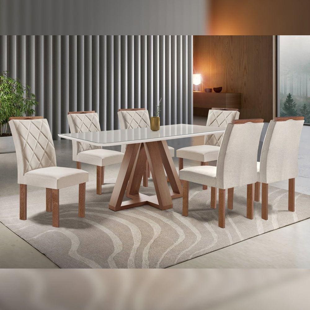 Conjunto Mesa Tampo Smart Plus Vidro Kyra 170cmx90cm 6 cadeiras Arthus Chocolate/Off White/Suede Bege