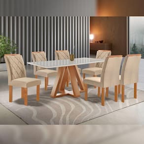 Conjunto Mesa Tampo Smart Plus Vidro Kyra 170cmx90cm 6 Cadeiras Arthus Cinamomo/Off White/Suede Cru