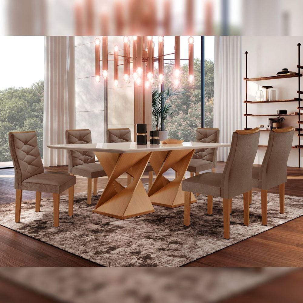 Mesa Tampo Smart Plus Vidro 170cmx90cm 6 Cadeiras Barcelona Cinamomo/Off White/Suede Animale