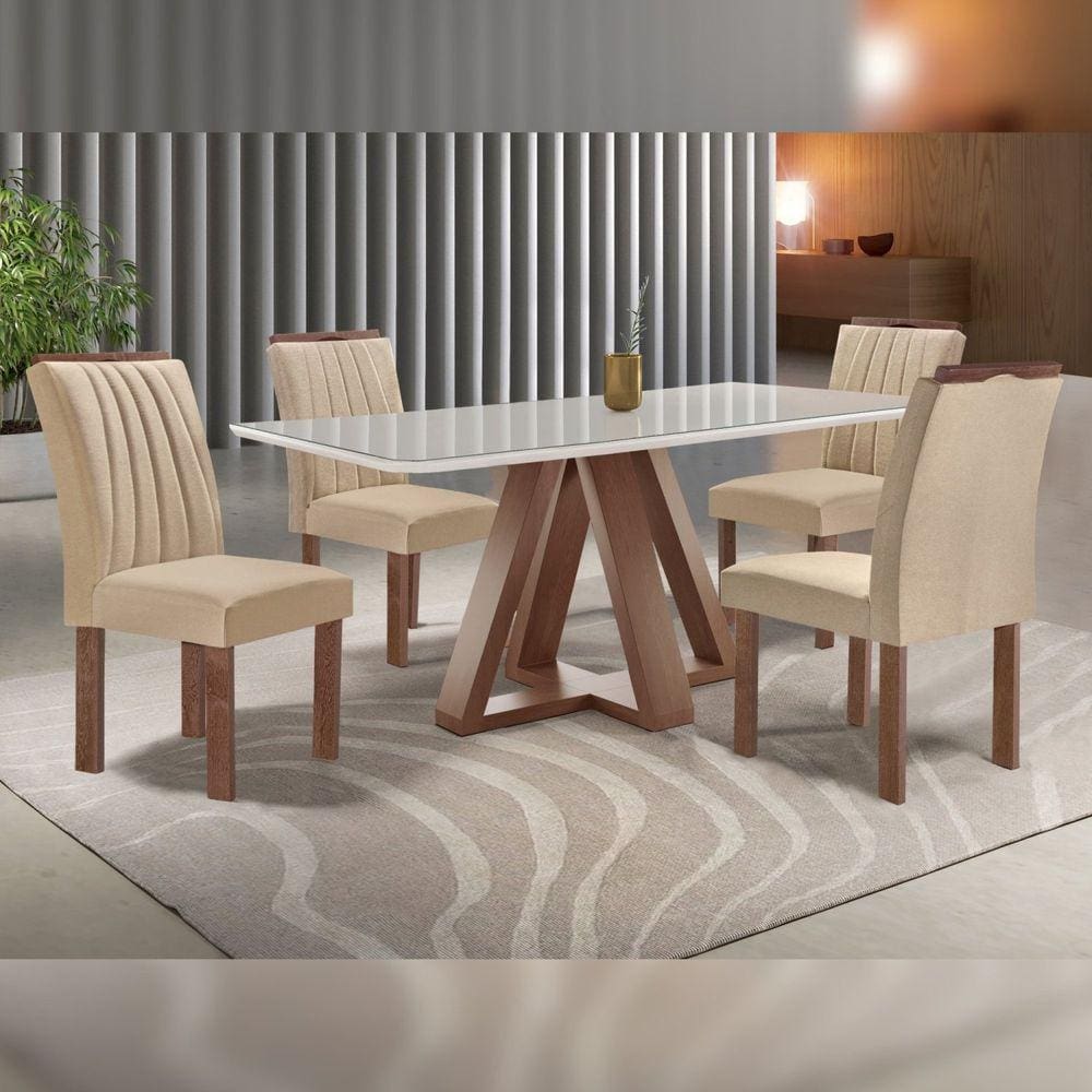 Conjunto Mesa Tampo Smart Plus Vidro Kyra 120cmx90cm 4 Cadeiras Arizona Chocolate/Off White/Suede Cru