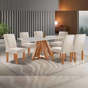 Conjunto Mesa Tampo Smart Plus Vidro Kyra 170cmx90cm 6 Cadeiras Canela Cinamomo/Off White/Suede Bege