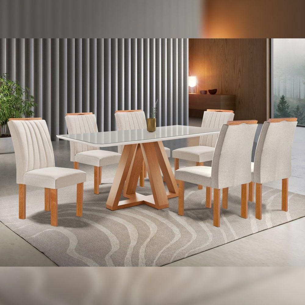 Conjunto Mesa Tampo Smart Plus Vidro Kyra 170cmx90cm 6 cadeiras Arizona Cinamomo/Off White/Suede Bege