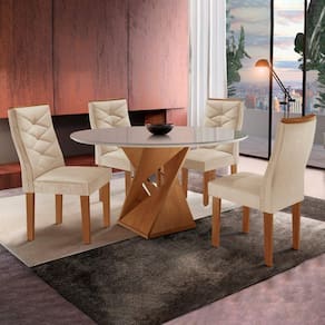Mesa Tampo Slim Plus Vidro 100cmx100cm 4 Cadeiras Barcelona Cinamomo/Off White/Suede Pena