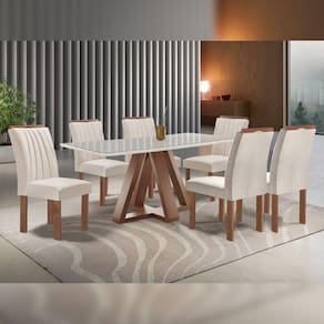 Conjunto Mesa Tampo Smart Plus Vidro Kyra 170cmx90cm 6 cadeiras Arizona Chocolate/Off White/Suede Bege