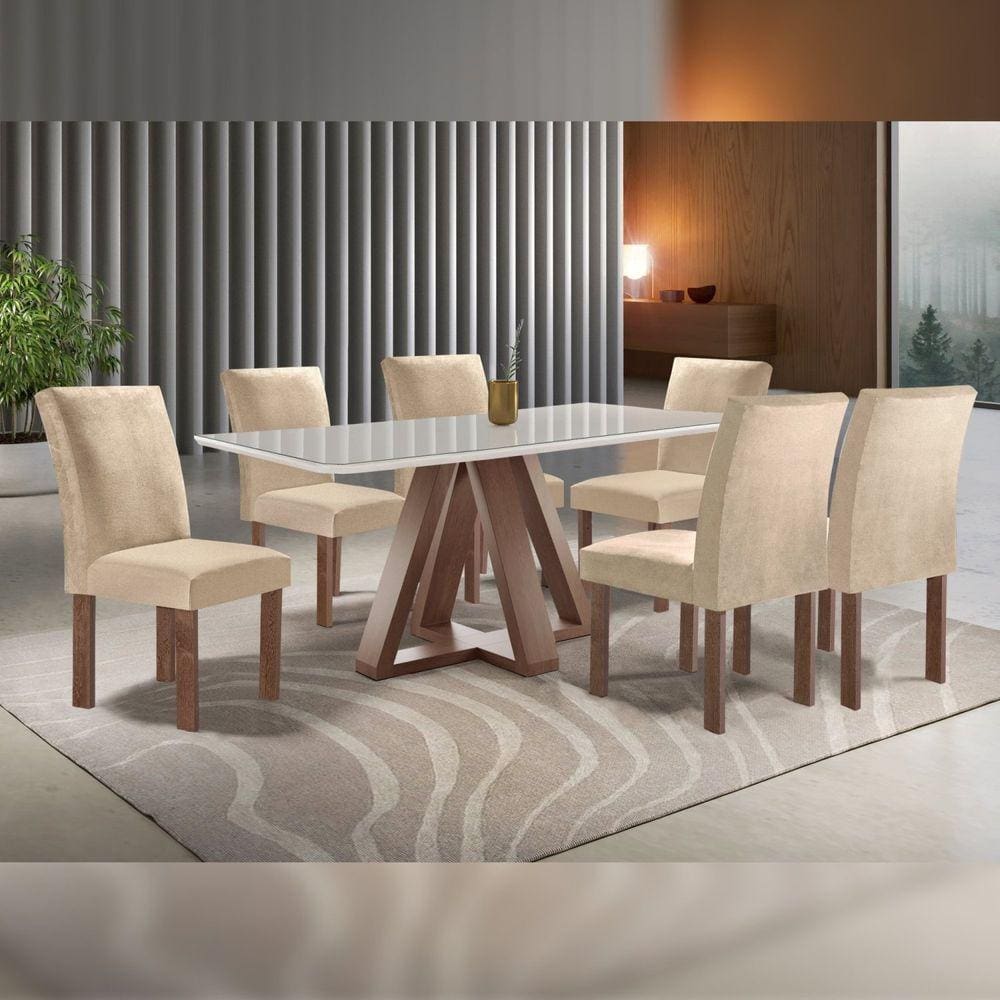 Conjunto Mesa Tampo Smart Plus Vidro Kyra 170cmx90cm 6 Cadeiras Canela Chocolate/Off White/Suede Cru
