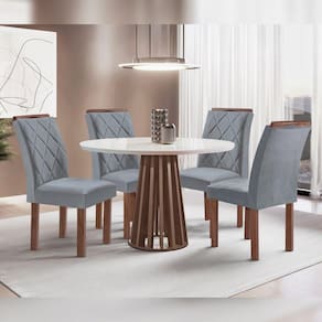 Conjunto Mesa Tampo Redondo Plus Vidro Kansas 100cm 4 Cadeiras Arthus Chocolate/Off White/Suede Cinza