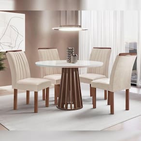 Conjunto Mesa Tampo Redondo Plus Vidro Kansas 100cm 4 Cadeiras Arizona Chocolate/Off White/Suede Bege