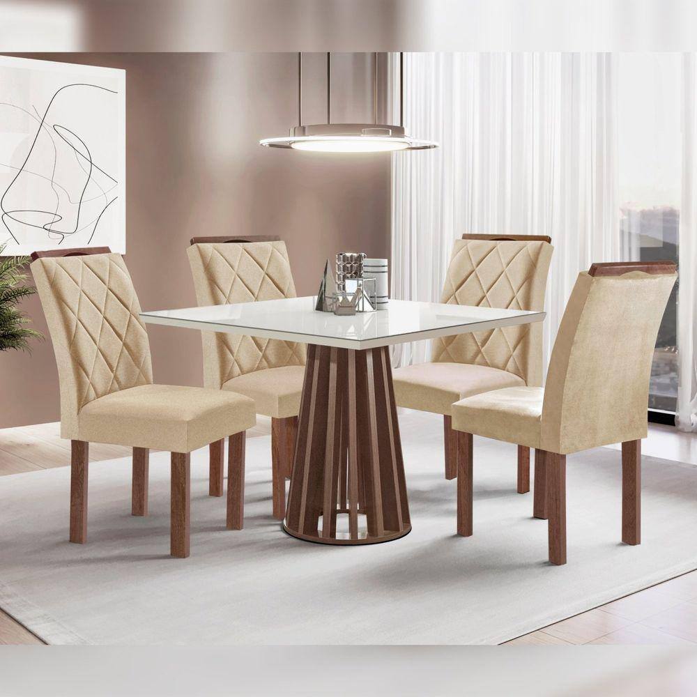 Conjunto Mesa Tampo Slim Plus Vidro Kansas 100cmx100cm 4 Cadeiras Arthus Chocolate/Off White/Suede Cru