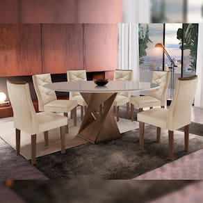 Mesa Tampo Redondo Plus Vidro 120cmx120cm 6 Cadeiras Barcelona Chocolate/Off White/Suede Pena