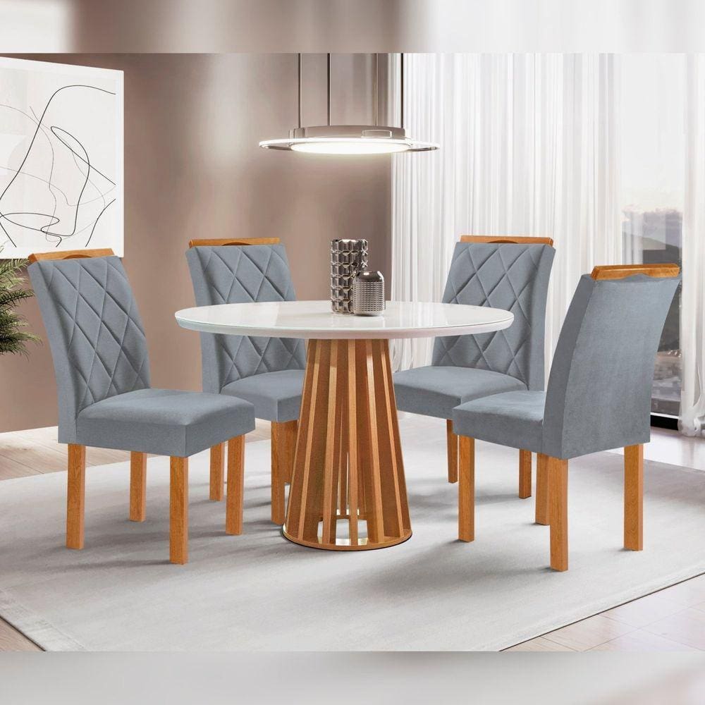 Conjunto Mesa Tampo Redondo Plus Vidro Kansas 100cm 4 Cadeiras Arthus Cinamomo/Off White/Suede Cinza