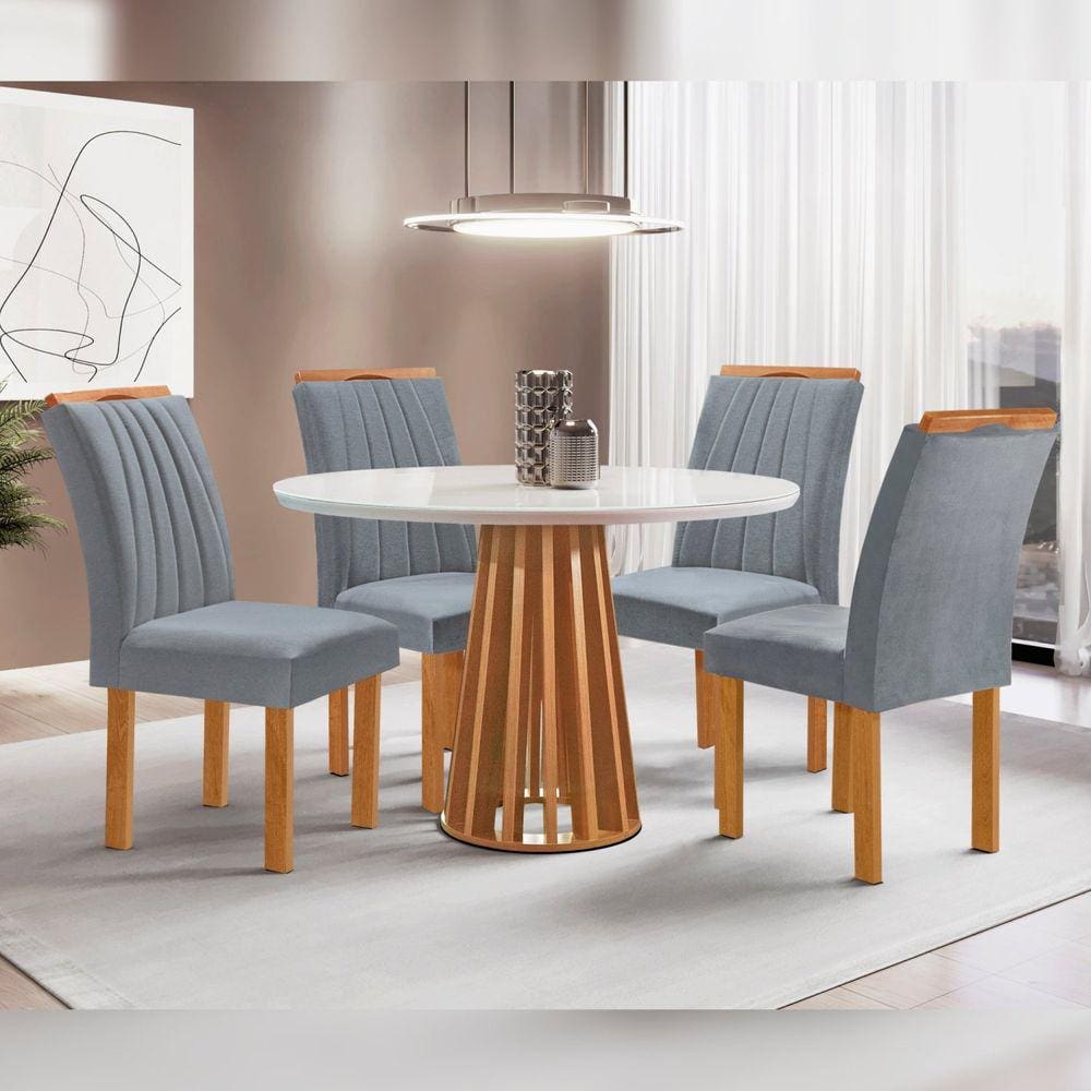 Conjunto Mesa Tampo Redondo Plus Vidro Kansas 100cm 4 Cadeiras Arizona Cinamomo/Off White/Suede Cinza