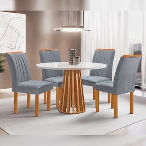 Conjunto Mesa Tampo Redondo Plus Vidro Kansas 100cm 4 Cadeiras Arizona Cinamomo/Off White/Suede Cinza