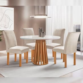 Conjunto Mesa Tampo Redondo Pluis Vidro Kansas 100cm 4 Cadeiras Canela Cinamomo/Off White/Suede Bege