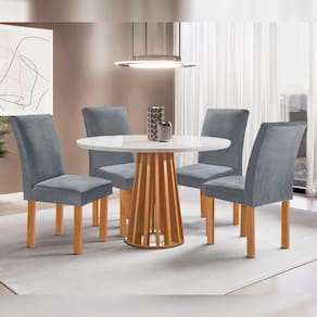 Conjunto Mesa Tampo Redondo Pluis Vidro Kansas 100cm 4 Cadeiras Canela Cinamomo/Off White/Suede Cinza